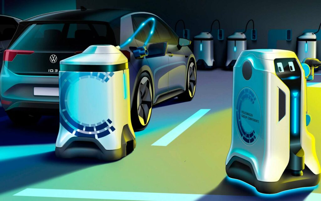 Selon le constructeur automobile Volkswagen, des robots autonomes pourront transformer n'importe quel parking en station de recharge pour véhicule électrique. © Volkswagen