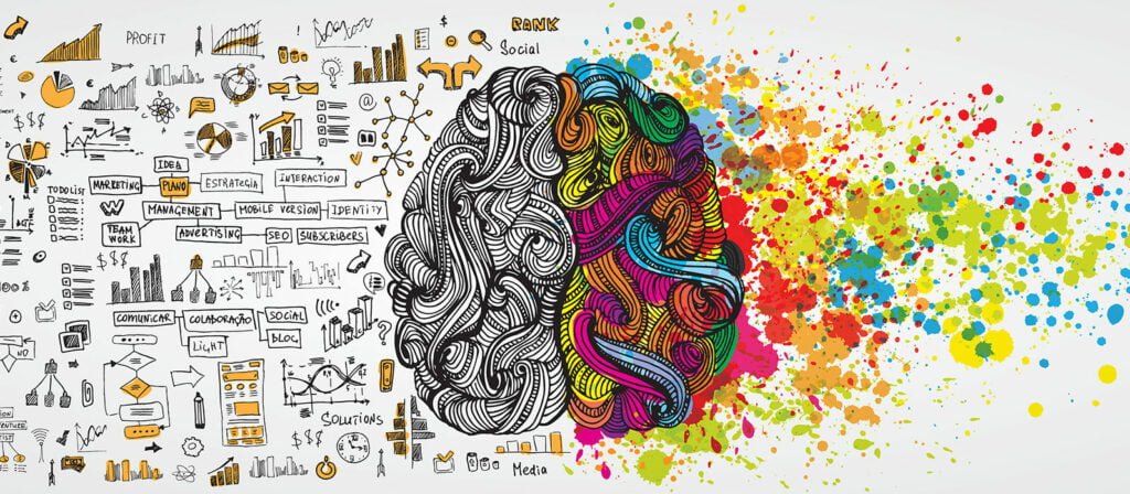 Left and right human brain with social infographic.