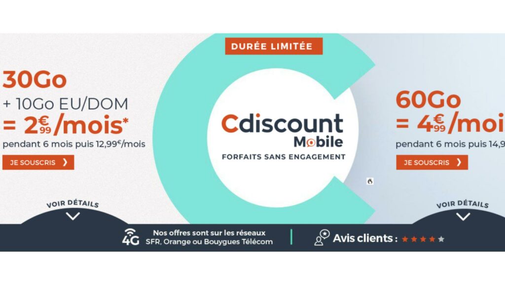 60 GB a 4,99 €, 30 GB a 2,99 €… 2 paquetes explosivos en Cdiscount Mobile