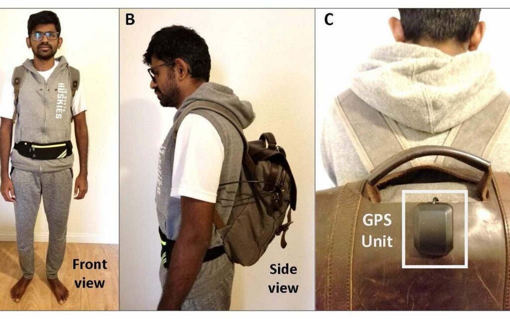 Un système composé d’un sac à dos, un sac banane et une caméra permet de guider les malvoyants. © Université de Géorgie