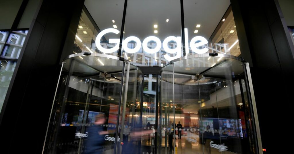 File photo: The Google name is displayed outside the company