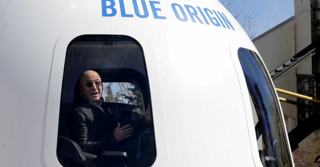 Amazon and Blue Origin founder Jeff Bezos addresses the media about the New Shepard rocket booster and Crew Capsule mockup at the 33rd Space Symposium in Colorado Springs, Colorado, United States April 5, 2017.  REUTERS/Isaiah J. Downing