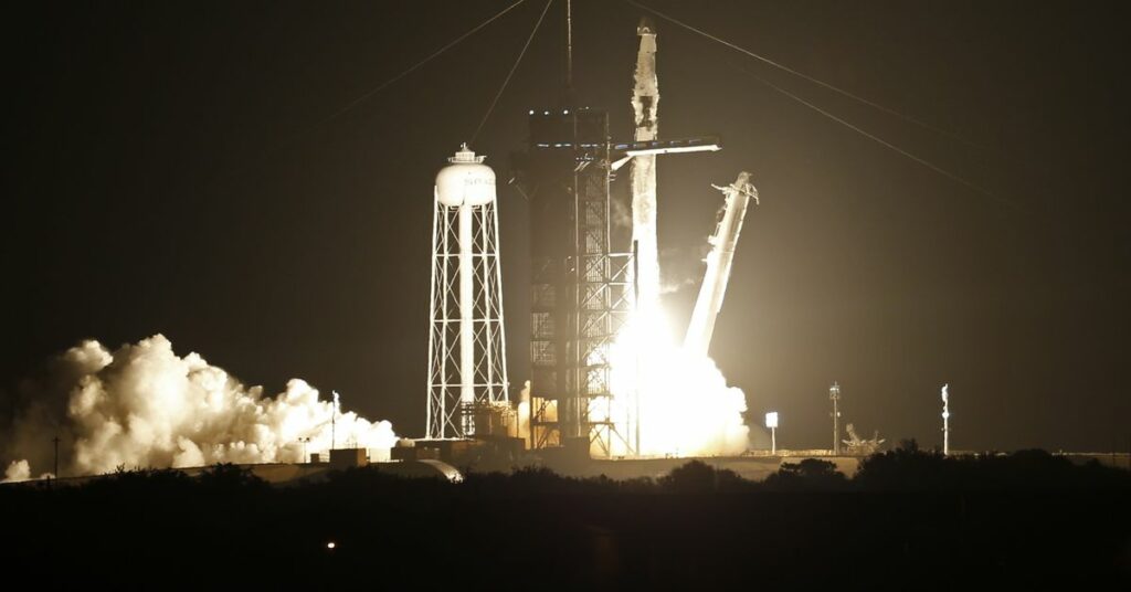 A SpaceX Falcon 9 rocket, with the Crew Dragon capsule, is launched carrying four astronauts on a NASA commercial crew mission to the International Space Station at Kennedy Space Center in Cape Canaveral, Florida, U.S., April 22, 2021. REUTERS/Thom Baur