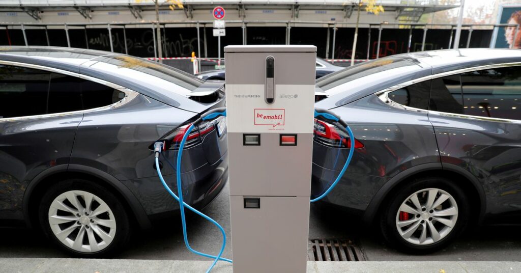 Tesla Model X electric cars recharge their batteries in Berlin, Germany, November 13, 2019.    REUTERS/Fabrizio Bensch