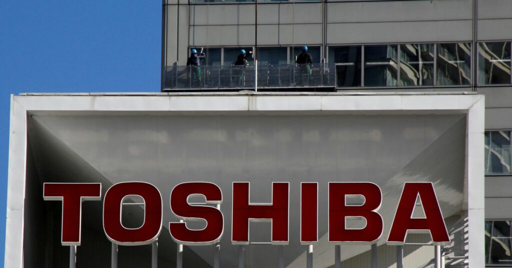 The logo of Toshiba Corp at the company