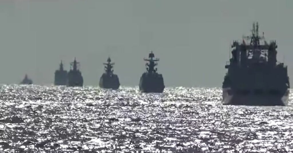 A group of naval vessels from Russia and China conduct a joint maritime military patrol in the waters of the Pacific Ocean, in this still image taken from video released on October 23, 2021. Russian Defence Ministry/Handout via REUTERS