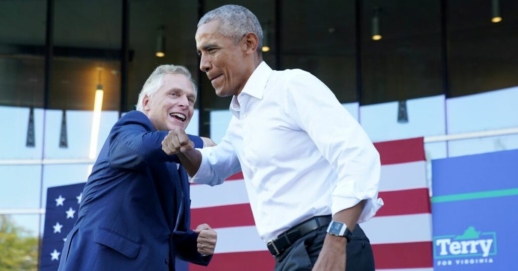 Former U.S. President Barack Obama speaks during a campaign rally for Virginia Democratic gubernatorial candidate Terry McAuliffe in Richmond, Virginia, U.S. October 23, 2021. REUTERS/Kevin Lamarque