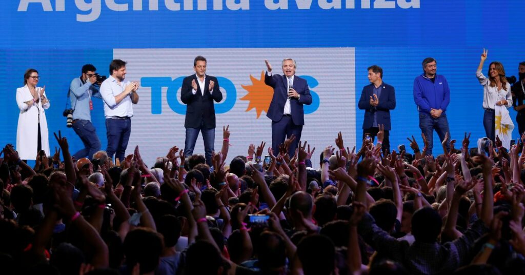 President of Argentina Alberto Fernandez speaks accompanied by President of the Chamber of Deputies Sergio Massa, Gisela Marziotta, Leandro Santoro, Governor of Buenos Aires Axel Kicillof, Maximo Kirchner and Victoria Tolosa Paz during an event after midterm elections in Buenos Aires, Argentina, November 14, 2021. REUTERS/Agustin Marcarian