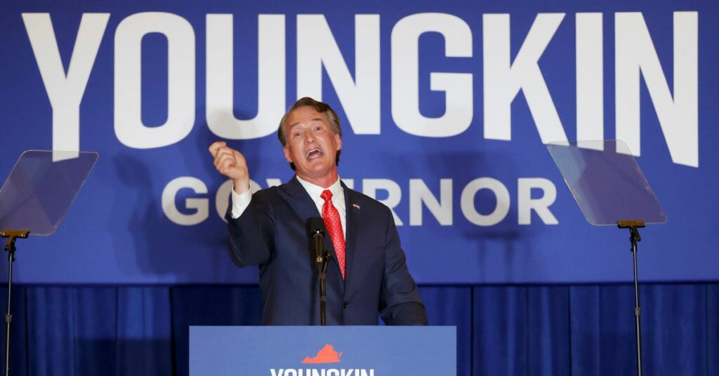 Virginia Republican gubernatorial nominee Glenn Youngkin speaks during his election night party at a hotel in Chantilly, Virginia, U.S., November 3, 2021. REUTERS/Jonathan Ernst/File Photo