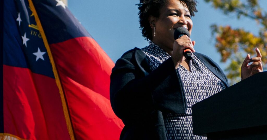 Former Georgia House of Representatives Minority Leader Stacey Abrams speaks ahead of former President Barack Obama