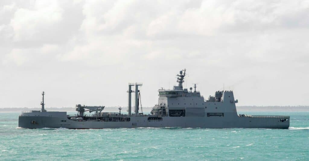 HMNZS Aotearoa departs to provide disaster relief and assistance to Tonga after a volcanic eruption and tsunami, from Auckland, New Zealand, January 18, 2022, in this still image taken from video.  New Zealand Defence Force/Handout via REUTERS