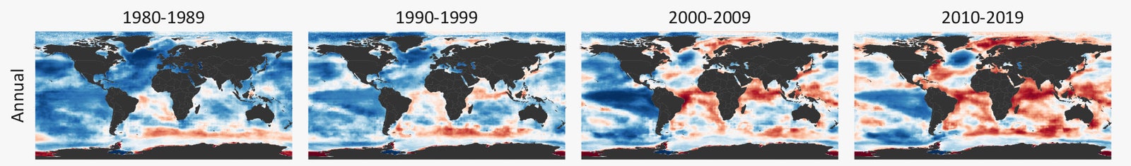 mapas del mundo que muestran el cambio decenal desde 1990 hasta el presente