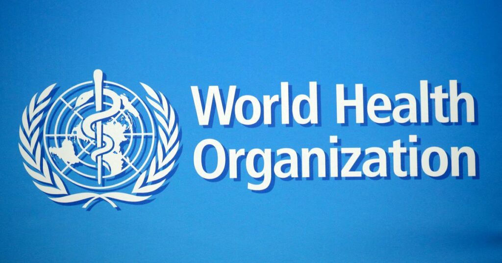 A logo is pictured at the WHO building in Geneva