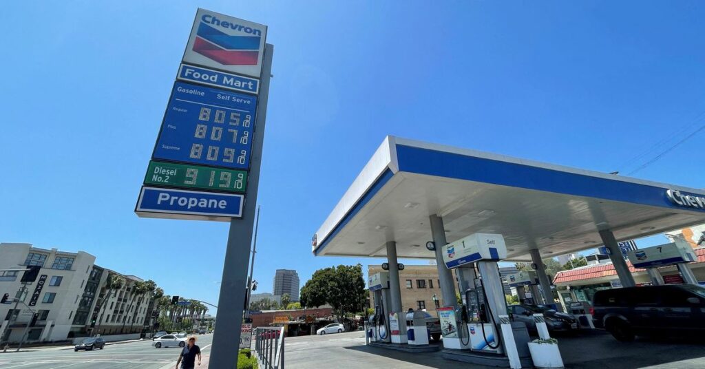 Gasoline prices are displayed at gas station in New Jersey