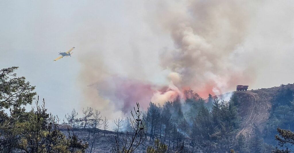 Turkish President Tayyip Erdogan inspects a wildfire as his helicopter flies over disaster zone near Marmaris