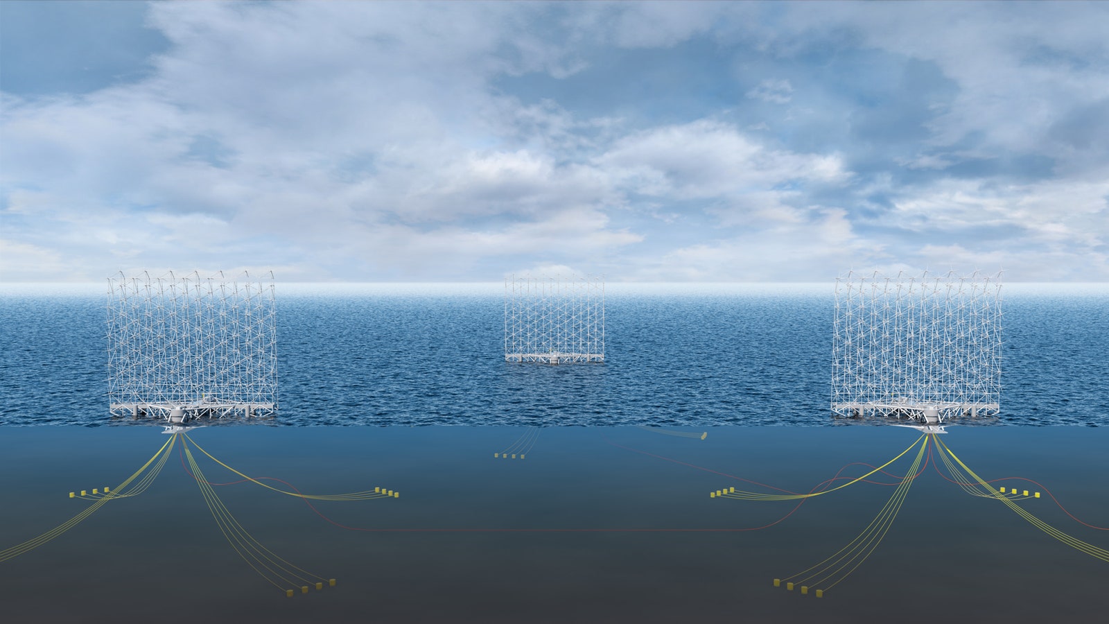 Representación 3D de grandes turbinas eólicas en el océano y mostrando conexiones submarinas