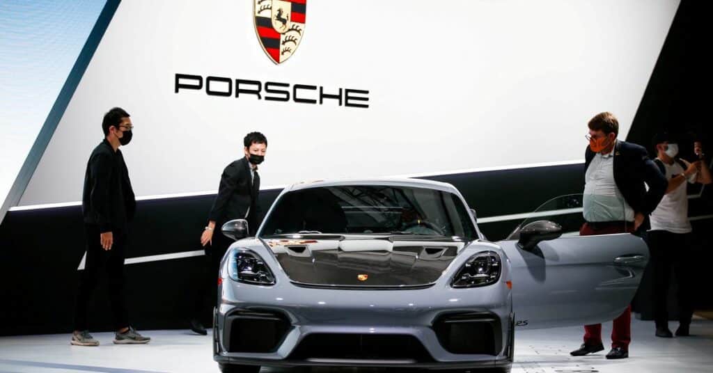 A logo of Porsche is seen outside a Porsche car dealer, amid the coronavirus disease (COVID-19) outbreak in Brussels