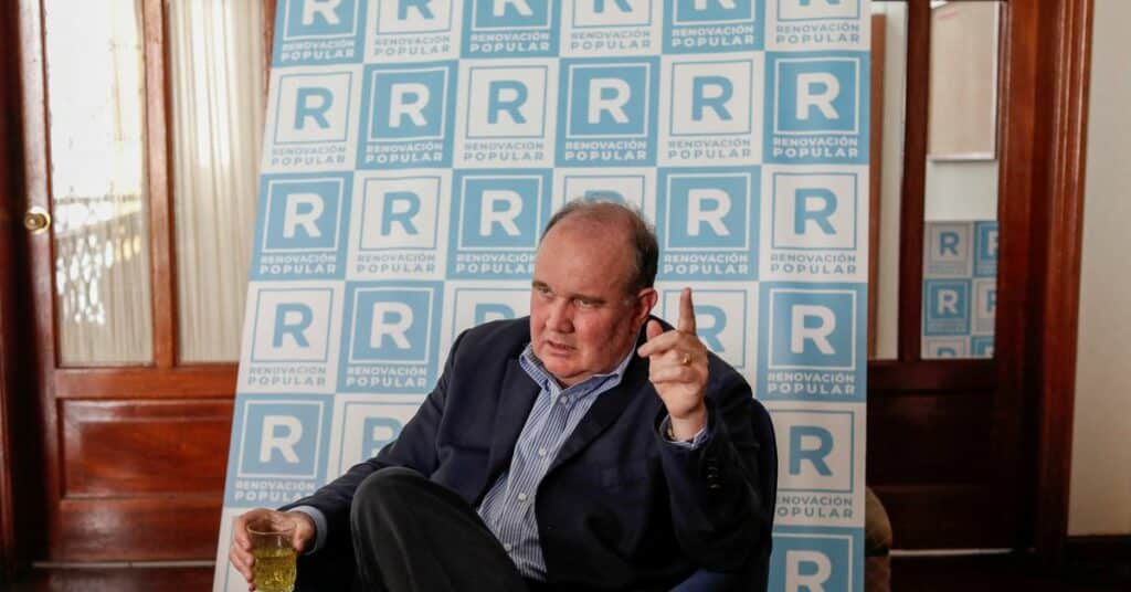 Rafael Lopez Aliaga talking with Reuters, in Lima