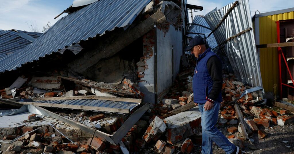 A garage is destroyed, in Balakliia