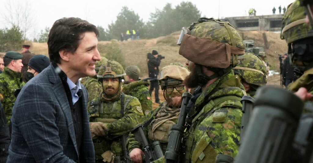 Canadian Prime Minister Justin Trudeau visits members of the Canadian troops in the Adazi military base