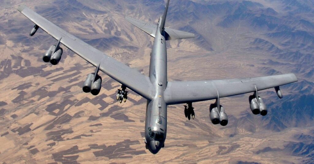 A B-52 Stratofortress, flown by Capt. Will Byers and Maj. Tom Aranda, prepares for refueling over Afghanistan during a close-air-support mission