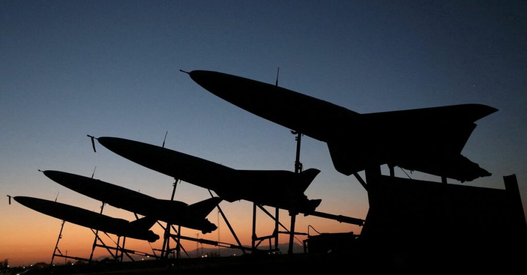 A view of drones during a military exercise in an undisclosed location in Iran