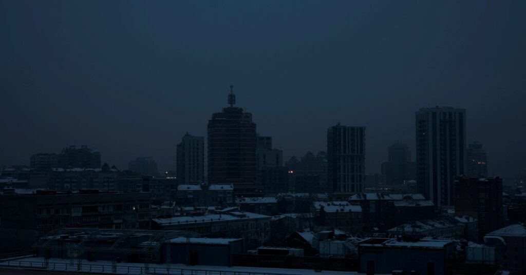 A view shows the city without electricity after critical civil infrastructure was hit by Russian missile attacks in Kyiv