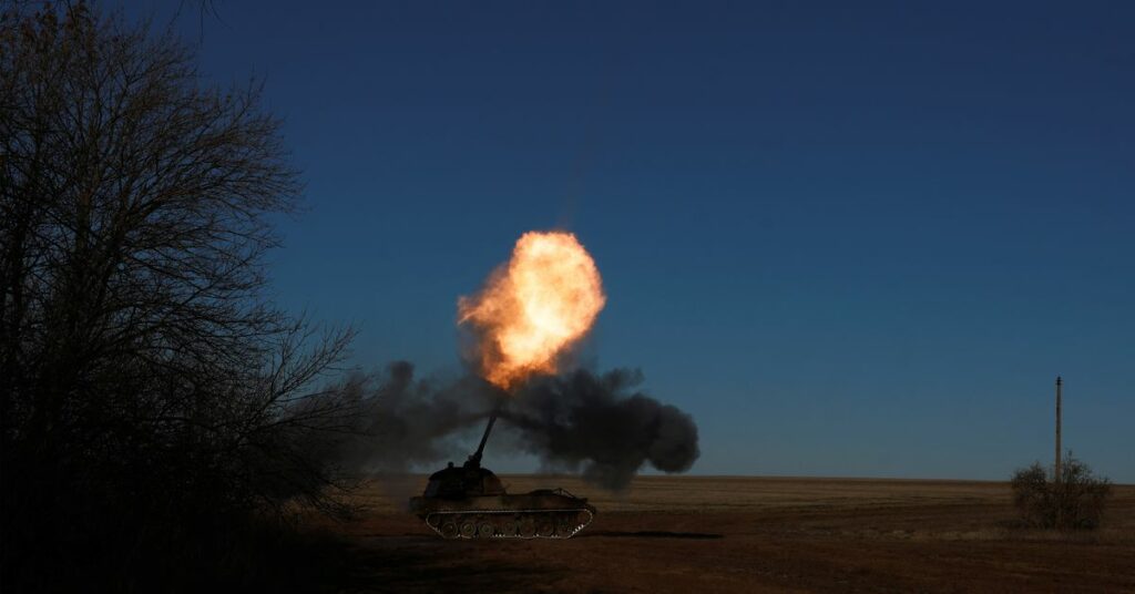 Ukrainian military operating German howitzers Panzerhaubitze 2000, near Soledar