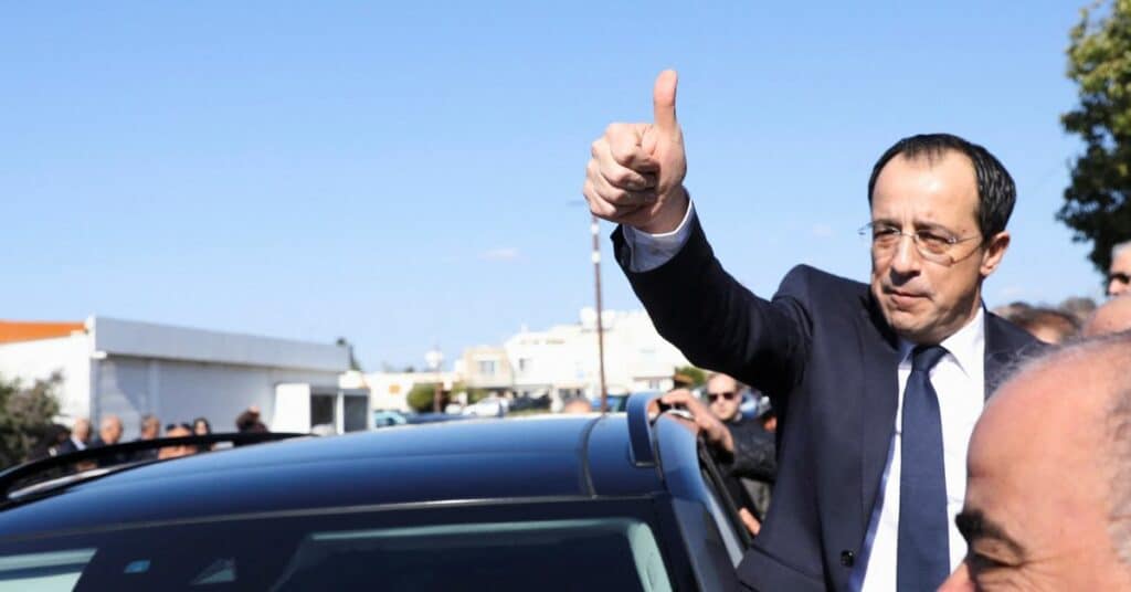 Presidential candidate Nikos Christodoulides during the second round of the presidential election in Geroskipou near Paphos