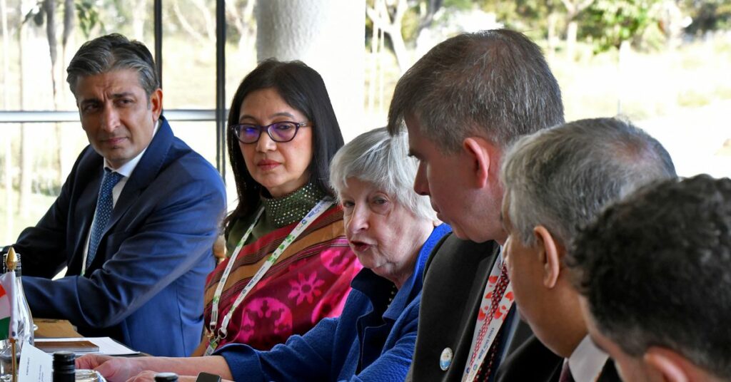 US Treasury Secretary Yellen speaks during her roundtable with India