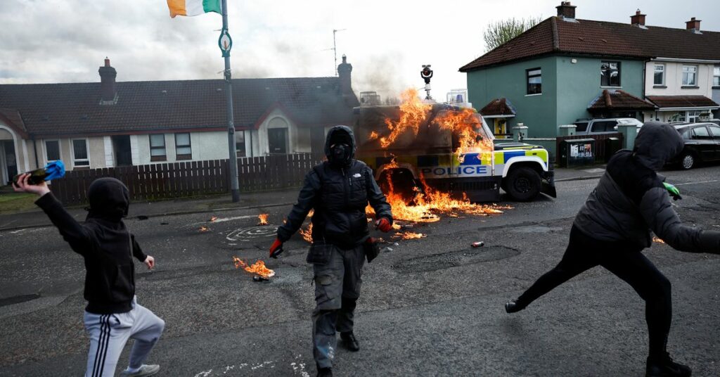 Nationalists hold an anti-agreement rally on the 25th anniversary of the peace deal, in Londonderry