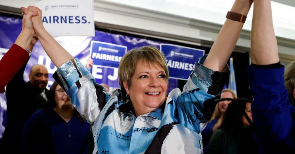 Janet Protasiewicz celebrates after the race was called for her during her election night watch party in Milwaukee, Wisconsin