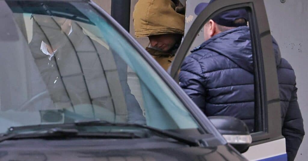 Reporter for U.S. newspaper The Wall Street Journal Evan Gershkovich leaves a court building in Moscow