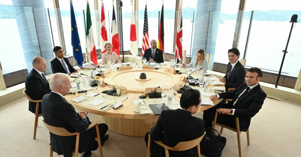 G7 leaders attend a meeting at G7 leaders' summit in Hiroshima, Japan