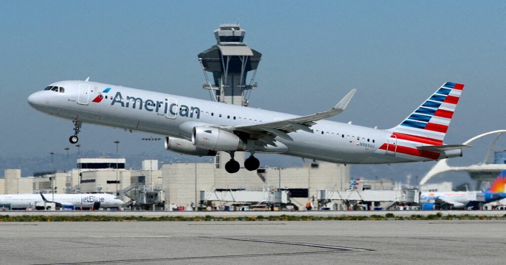 An American Airlines Airbus A321 plane takes off from Los Angeles International airport