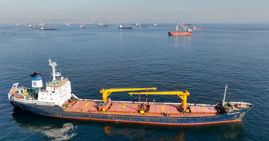 Commercial vessels including vessels which are part of Black Sea grain deal wait to pass the Bosphorus strait off the shores of Yenikapi in Istanbul