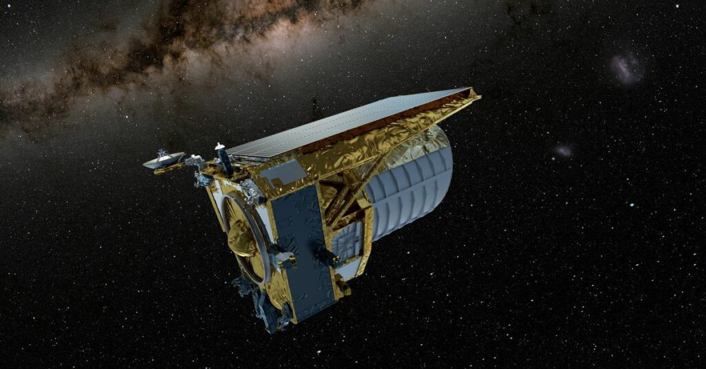 An artist's concept shows the Euclid space telescope, built by the European Space Agency (ESA), in operation