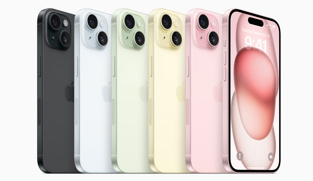 El iPhone 15 está disponible en negro, azul, rosa, verde y amarillo.